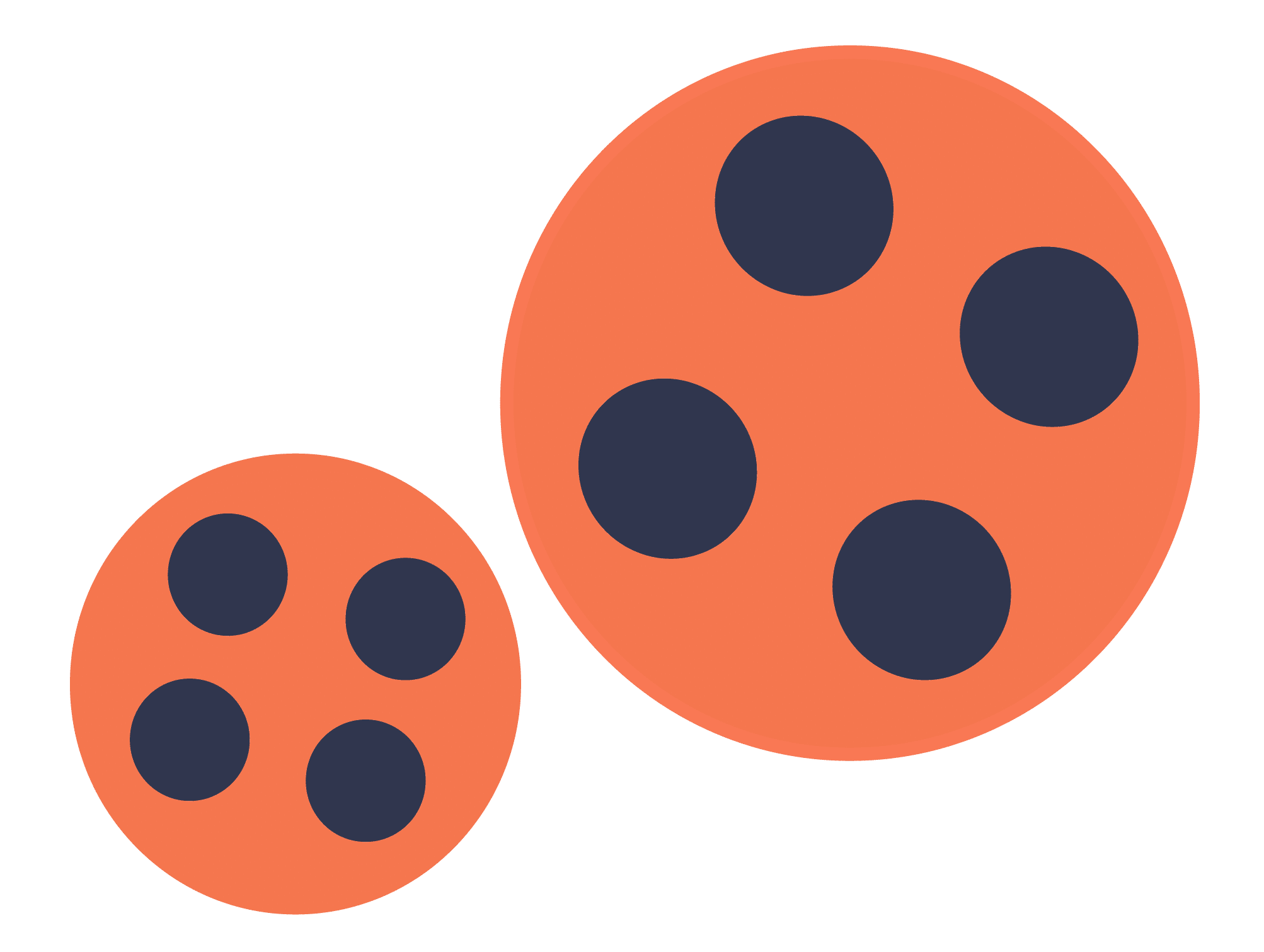 Two orange circles with four blue dots are an abstract image of a vintage video recorder.